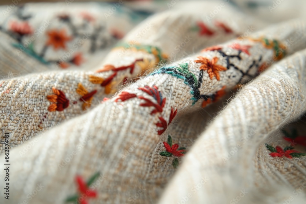 Fototapeta premium Intricate European Embroidery: Cultural Artistry on Linen Fabric