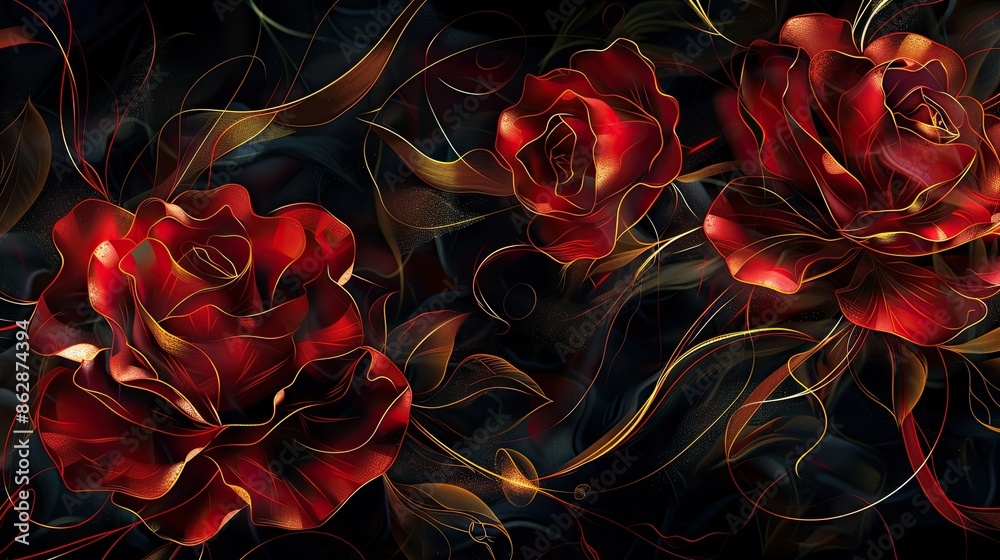 Design of small golden lines dark red roses Design of small golden lines dark red roses