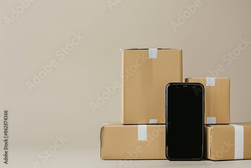 Online shopping with smartphone and parcel box. Concept of digital payment and delivery. photo