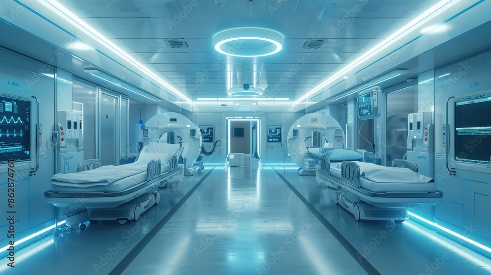 Fototapeta premium A high-tech hospital room featuring advanced medical equipment, neon lighting, and a sterile, modern design.