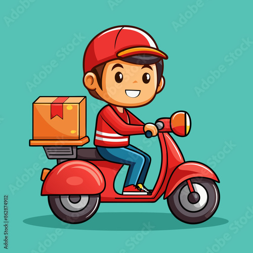 full body Food delivery cute man riding motorcycles, cartoon art illustration