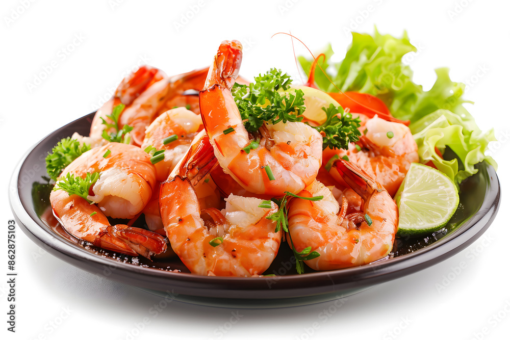 Delicious shrimps on white plate isolated on white background Delicious shrimps on white plate isolated on white background