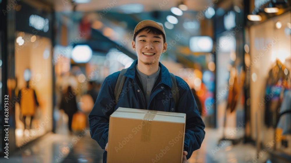 Smiling Delivery Person Holding a Package in a Shopping Mall - Generative AI Smiling Delivery Person Holding a Package in a Shopping Mall - Generative AI