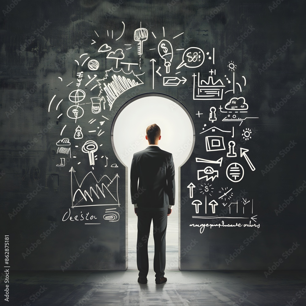 Businessman Back view keyhole opening sky view looking distance Business drawings on wall Success concept. Businessman Back view keyhole opening sky view looking distance Business drawings on wall Success concept.