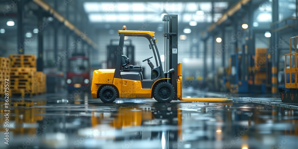 Industrial Photography: High-definition image of a forklift in a modern warehouse with wet floors and cargo containers Industrial Photography: High-definition image of a forklift in a modern warehouse with wet floors and cargo containers