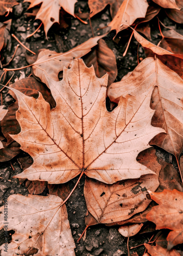 A detailed close-up photograph of a large dried autumn leaf lying on the ground, surrounded by other fallen brown leaves, capturing the essence of fall. A detailed close-up photograph of a large dried autumn leaf lying on the ground, surrounded by other fallen brown leaves, capturing the essence of fall.