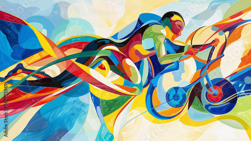 Dynamic Abstract Artwork Depicting a Triathlete's Journey with Bold Colours and Expressive Shapes
