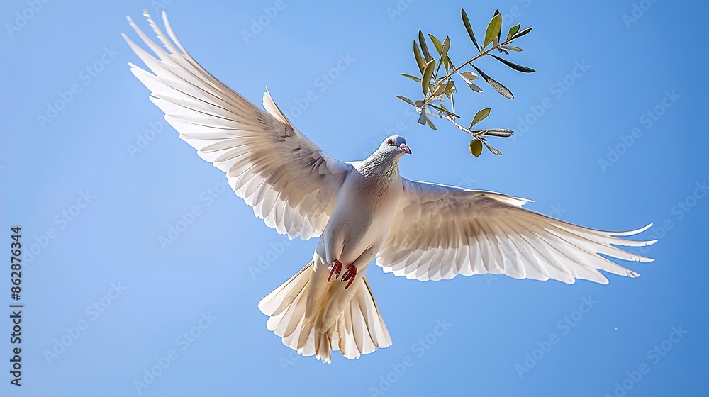 Fototapeta premium Hollywood style Movie Tone dramatic A photorealistic image of a majestic dove soaring through a clear blue sky, carrying an olive branch in its beak, a symbol of peace and hope in the face of nuclear
