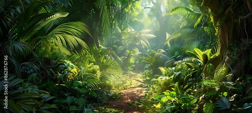 Fototapeta Naklejka Na Ścianę i Meble -  Lush green jungle with a small path winding through it the air thick with the sounds of wildlife