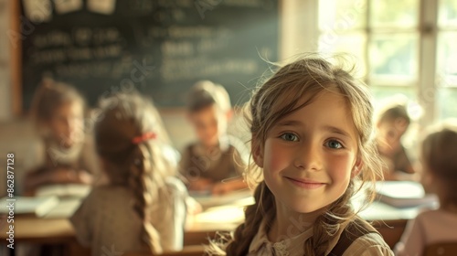 Smiling Child in Classroom - Generative AI