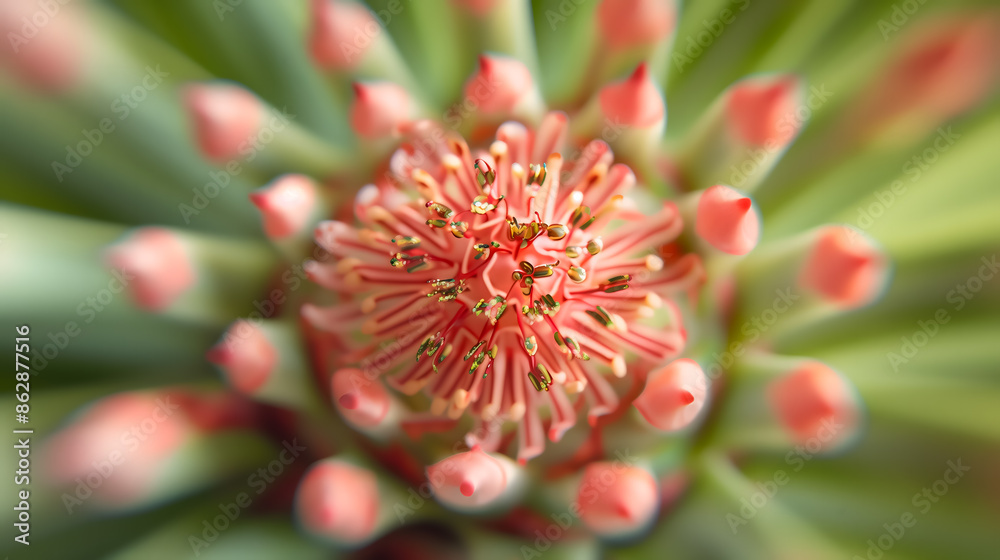 A macro shot of the center seed head on a closed green palm frond, with pink stamens and long seeds A macro shot of the center seed head on a closed green palm frond, with pink stamens and long seeds