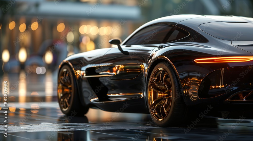 Luxury sports car parked in city with reflections Luxury sports car parked in city with reflections