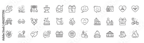 Surprise gift, Smile and Gift line icons. Pack of Carousels, Discount offer, Alarm icon. Gas grill, Creativity, Aroma candle pictogram. Mattress, Baggage, Hot offer. Puzzle, Grill tools. Vector