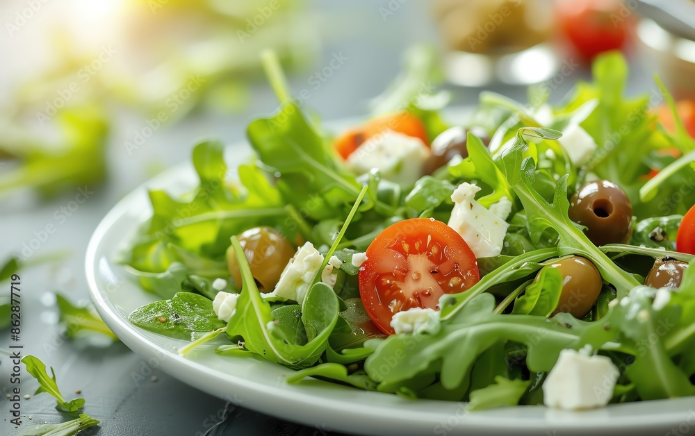 Fresh arugula salad with cherry tomatoes, feta cheese, and olives on a white plate. Healthy and delicious Mediterranean-inspired dish.