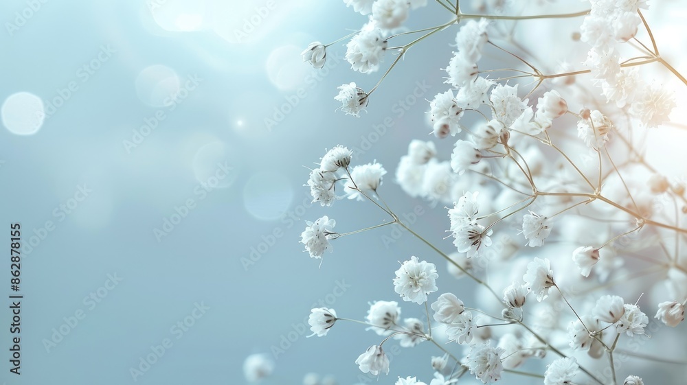 Delicate white gypsophila (baby's breath) flowers on a soft blue background. Delicate white gypsophila (baby's breath) flowers on a soft blue background.