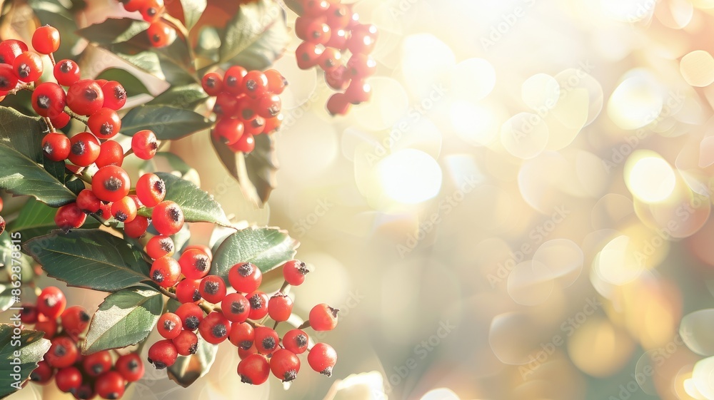 Bright red autumn berries on bushes with a soft, sunny background. Bright red autumn berries on bushes with a soft, sunny background.