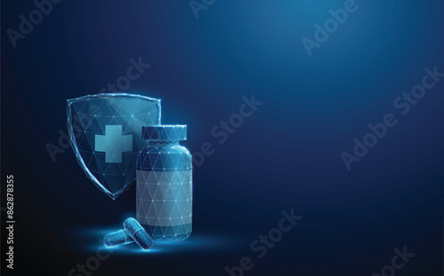 Bottle and medical pills in front of blue futuristic guard shield with cross symbol. Medical treatment and pharmacy concept. Low poly style. Geometric background. Wireframe structure. Vector