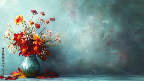 Vibrant autumn flowers arranged in a vase, against a textured blue-gray background. photo