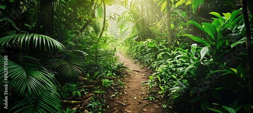 Lush green jungle with a small path winding through it the air thick with the sounds of wildlife