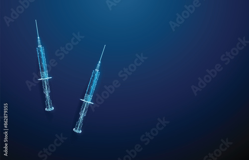 Two syringes. Diabetes type 1, 2 control, vaccination, antibiotic treatment, desease prevention concept. Low poly style. Abstract blue geometric background. Wireframe graphic structure Top view Vector