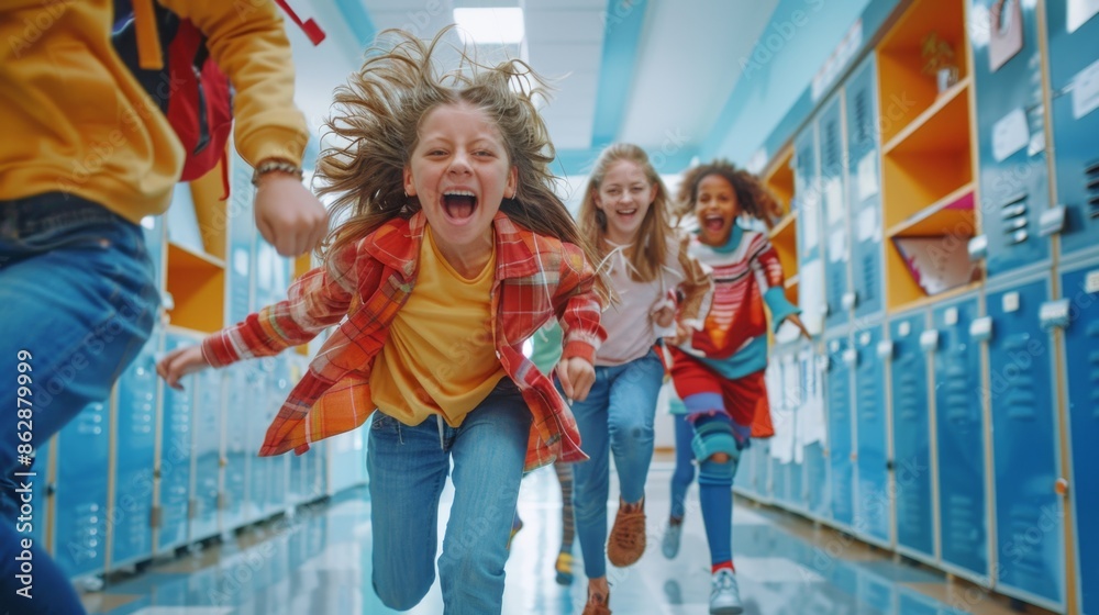 Joyful School Children Running in Hallway Generative AI Joyful School Children Running in Hallway Generative AI
