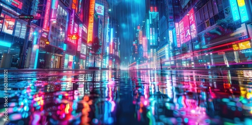 A futuristic cityscape towering with skyscrapers and neon lights at night