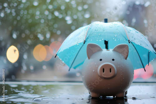 Piggybank under an umbrella in the rain, symbolizing savings, protection, and financial security during tough times.