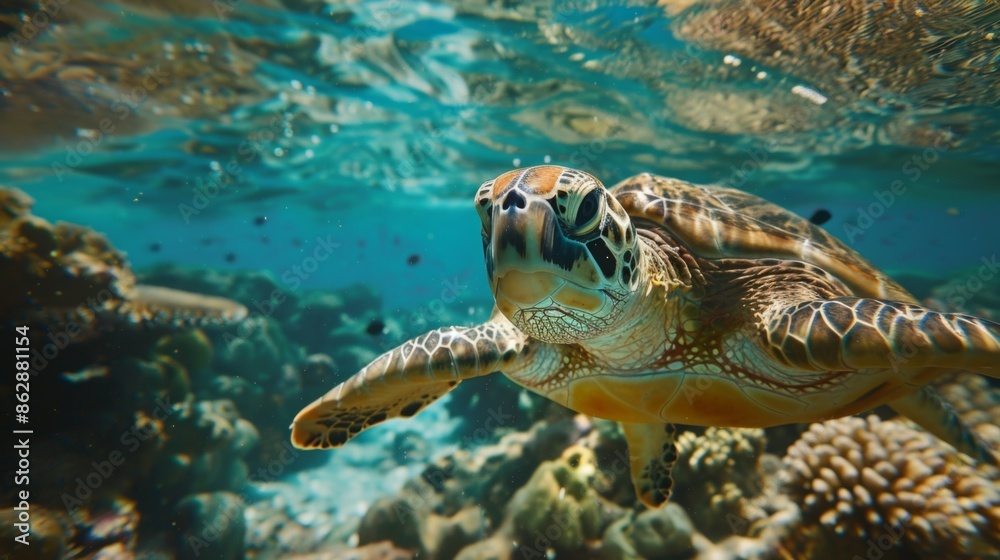 Obraz premium Sea Turtle on Coral Reef Underwater for Marine Conservation