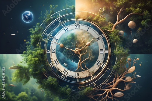 Earth clock in natural background ,The concept of everything being tied to time and nature
