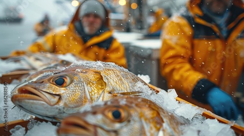 A vivid image of fish placed on ice at a bustling fish market, with workers donned in yellow protective gear in the background, highlighting the freshness and quality of the seafood. photo