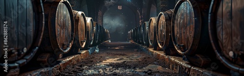 Rows of Vintage Wine Barrels in a Dark, Stone Cellar