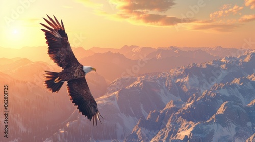 Eagle soaring over mountain range at sunset
