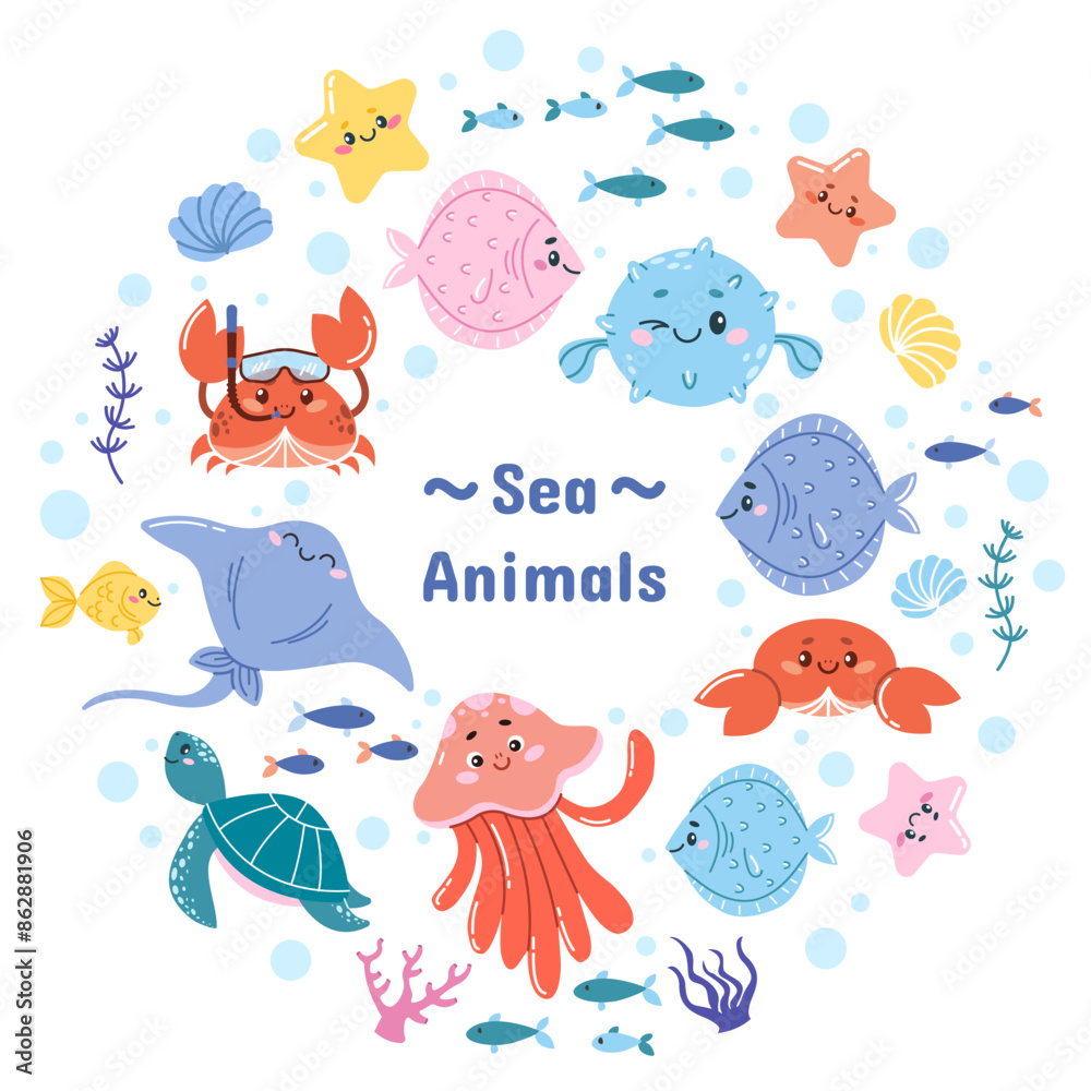 Vector set of wild marine animals and fish. Cute sea animals. Marine life. Cartoon style Vector set of wild marine animals and fish. Cute sea animals. Marine life. Cartoon style