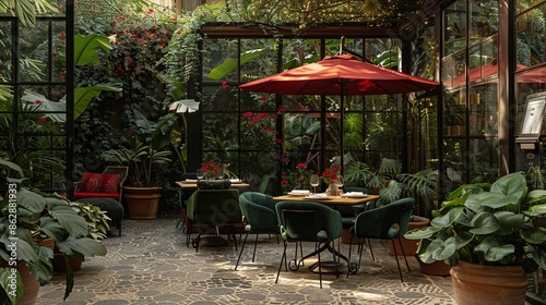 Outdoor Dining Patio with Lush Greenery