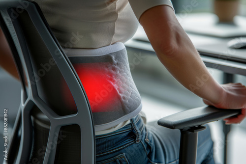 A woman uses a heating pad on her lower back while sitting in an ergonomic chair to alleviate back pain in a modern office setting.