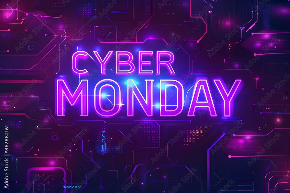 Neon glowing Cyber Monday text on dark background. Cyber Christmas sale banner template.