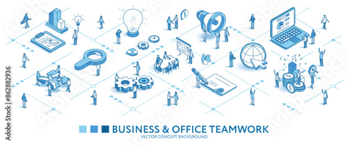 Business process, office isometric seamless pattern. Partner meeting. Planning line 3d icon, people characters, arrows. Vector background teamwork concept illustration. Market growth journey infograph