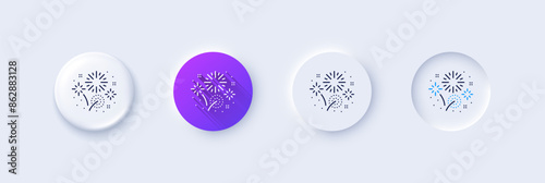 Fireworks line icon. Neumorphic, Purple gradient, 3d pin buttons. Pyrotechnic salute sign. Carnival celebration lights symbol. Line icons. Neumorphic buttons with outline signs. Vector