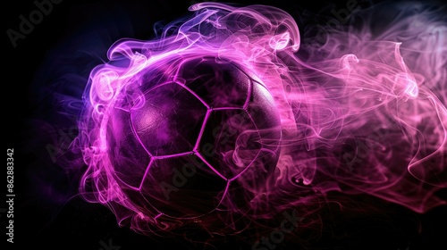 soccer neon ball, black background, magenta smoke, magenta backlight © Imron