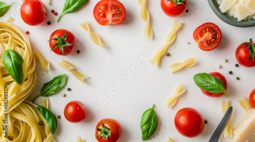 Fresh Italian ingredients featuring tomatoes, pasta, basil, and Parmesan cheese arranged on a white background. Perfect for culinary themes. © Sunday Cat Studio