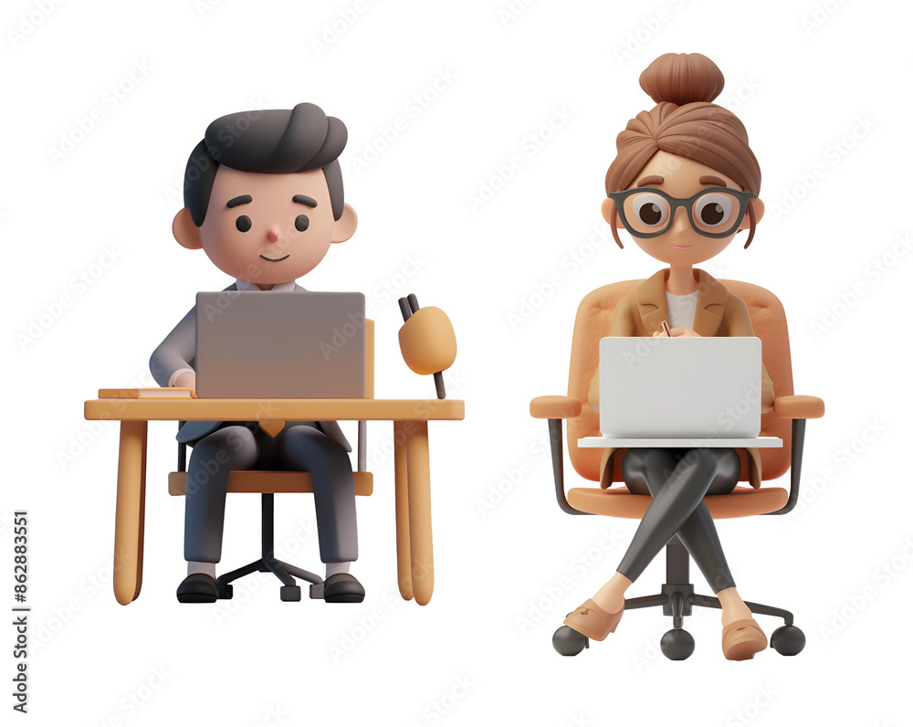Fototapeta premium Man and Woman Cute Set Working on Laptop, Computer, or Tablet 3D Render Illustration Cartoon Character, Isolated on Transparent Background, PNG