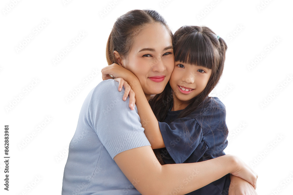 Portrait of asian daughter kissing her beautiful happy mother on white background. Portrait of asian daughter kissing her beautiful happy mother on white background.