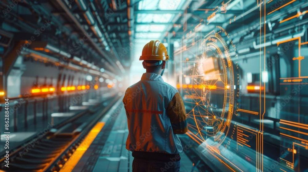 Naklejka premium Engineer Using Futuristic Digital Interface in High-Tech Industrial Facility - Generative AI