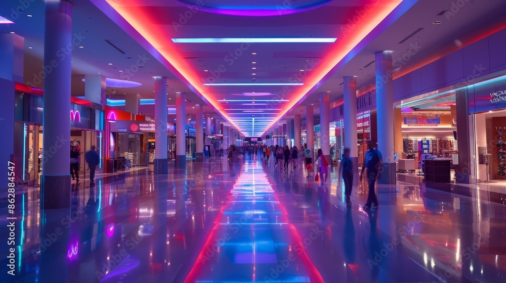 Modern shopping mall with neon lights and people walking Modern shopping mall with neon lights and people walking