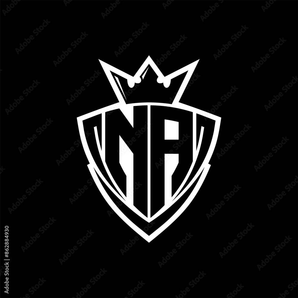 NA Letter logo with sharp triangle shield shape with crown inside white outline on black background template design NA Letter logo with sharp triangle shield shape with crown inside white outline on black background template design