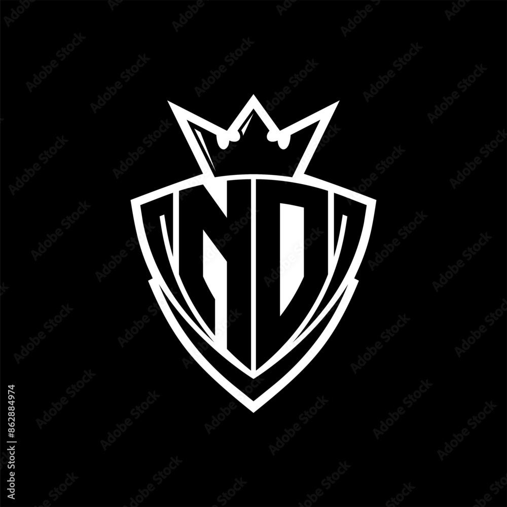 ND Letter logo with sharp triangle shield shape with crown inside white outline on black background template design ND Letter logo with sharp triangle shield shape with crown inside white outline on black background template design
