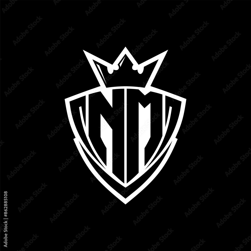 NM Letter logo with sharp triangle shield shape with crown inside white outline on black background template design NM Letter logo with sharp triangle shield shape with crown inside white outline on black background template design
