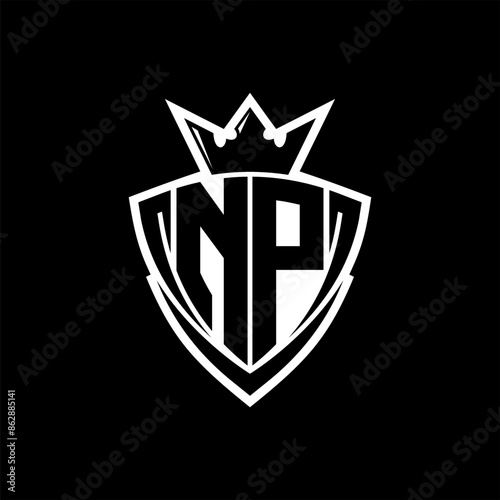 NP Letter logo with sharp triangle shield shape with crown inside white outline on black background template design