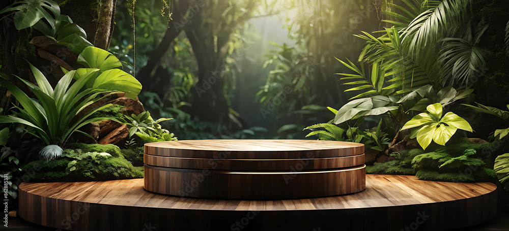 Podium background product forest green display platform wood stone 3d garden rock. Product podium jungle background stage leaf cosmetic nature scene stand presentation mockup tree pedestal plant eco