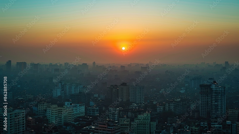 The sun rises over a prosperous cityscape with many buildings. with a soft orange horizon gradually Changed to a bright blue morning sky The sun rises over a prosperous cityscape with many buildings. with a soft orange horizon gradually Changed to a bright blue morning sky